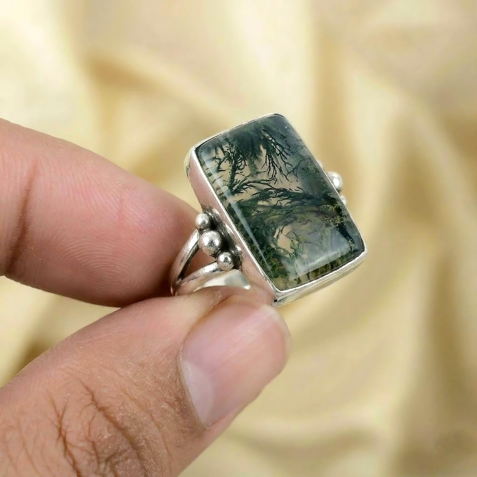 Moss Agate Gemstone Silver Ring 925 Sterling Silver Ring Silver Statement Ring