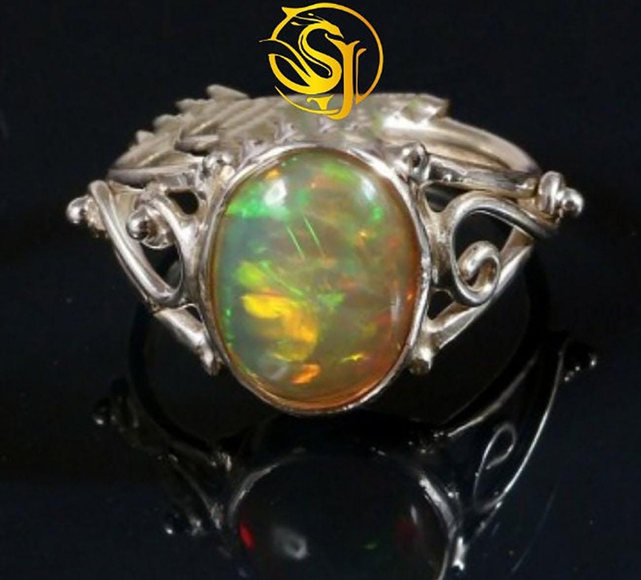 Natural Opal Oval Sterling Silver Ring – Handmade Statement Jewelry Ring