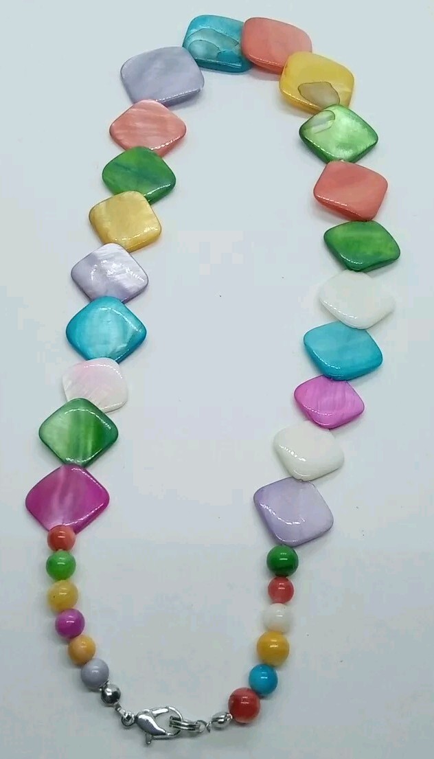 Vintage Colorful Rainbow Square Shell & Round Bead Necklace 29 1/2″ #86