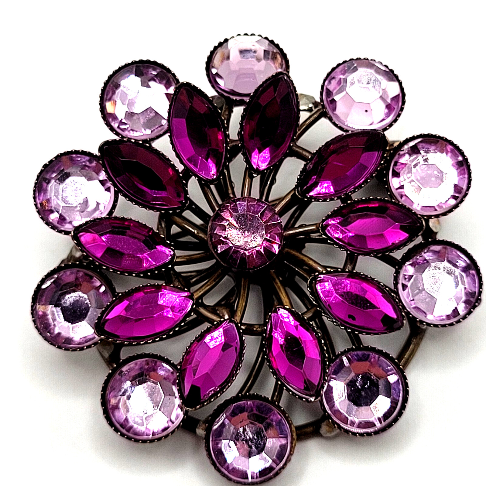 Purple Shades Floral Design Faceted Glass Rhinestone Metal Costume Brooch Pin