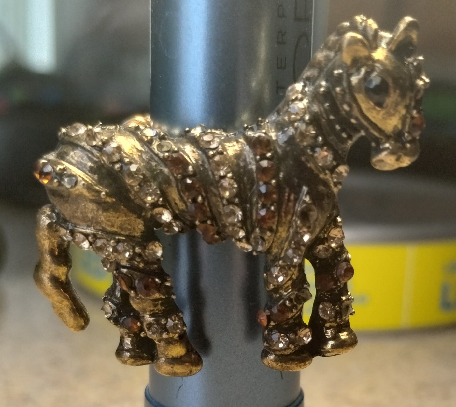 Horse Pony Adjustable Stretch Ring Wide Band Jewelry Sparkles Gold Tone
