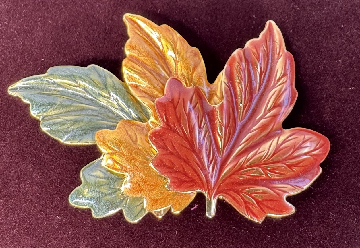 Vintage Enamel Fall Leaves Brooch Red Orange Green Gold Tone
