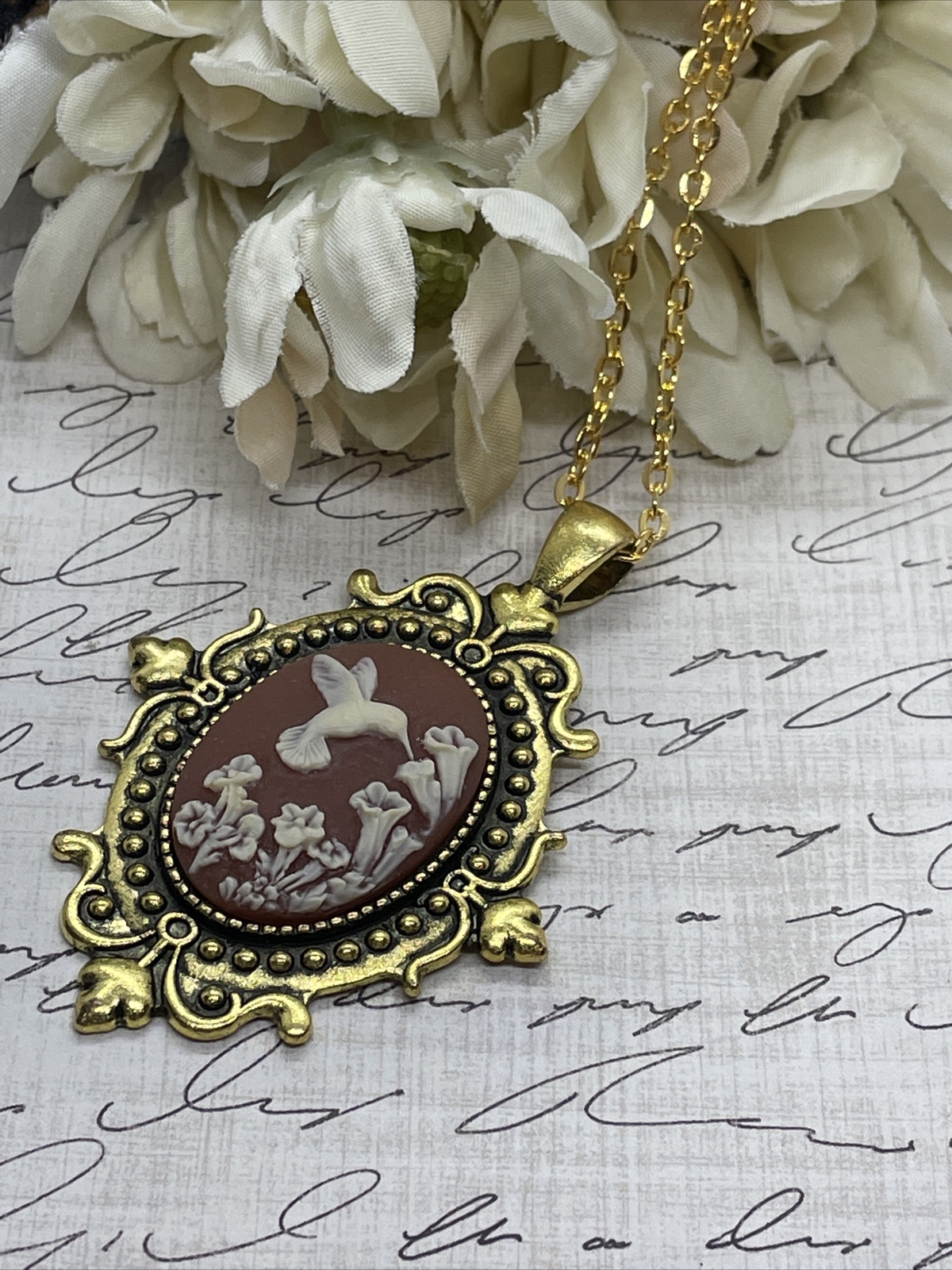 Anniversary Gold Cameo Hummingbird Easter Mother’s Day Birthday wedding Necklace