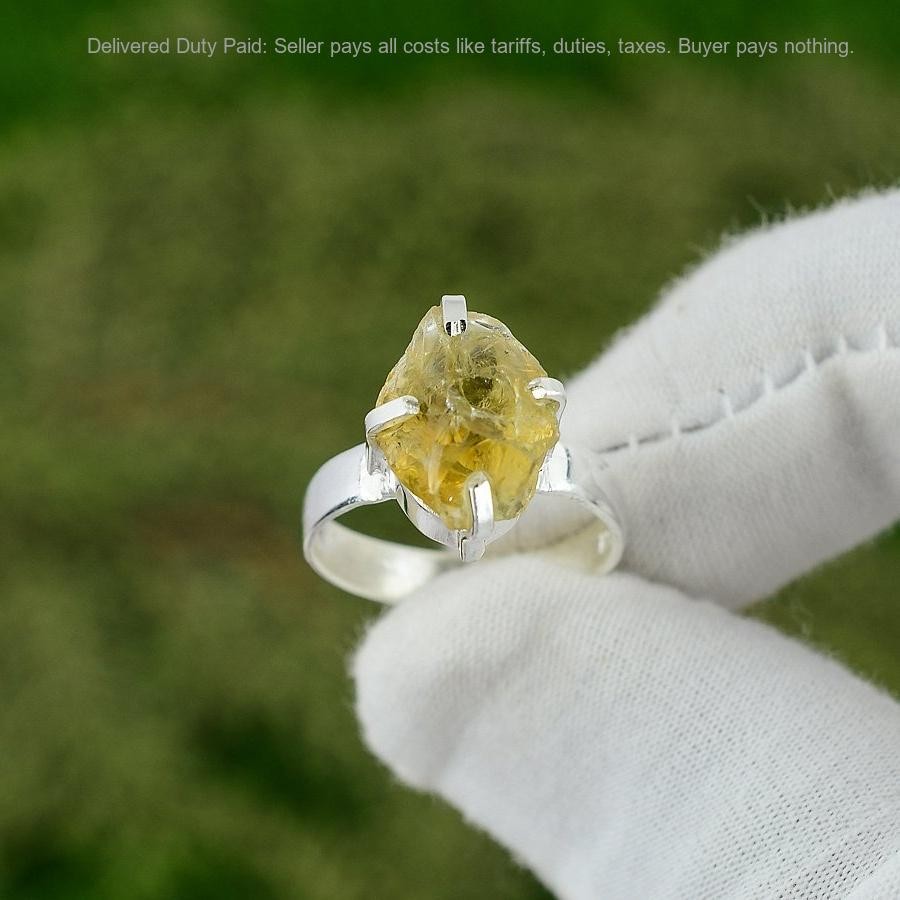 Pentagon Citrine Rough Stone Solitaire Wedding Ring Size 7.5 925 Sterling Silver