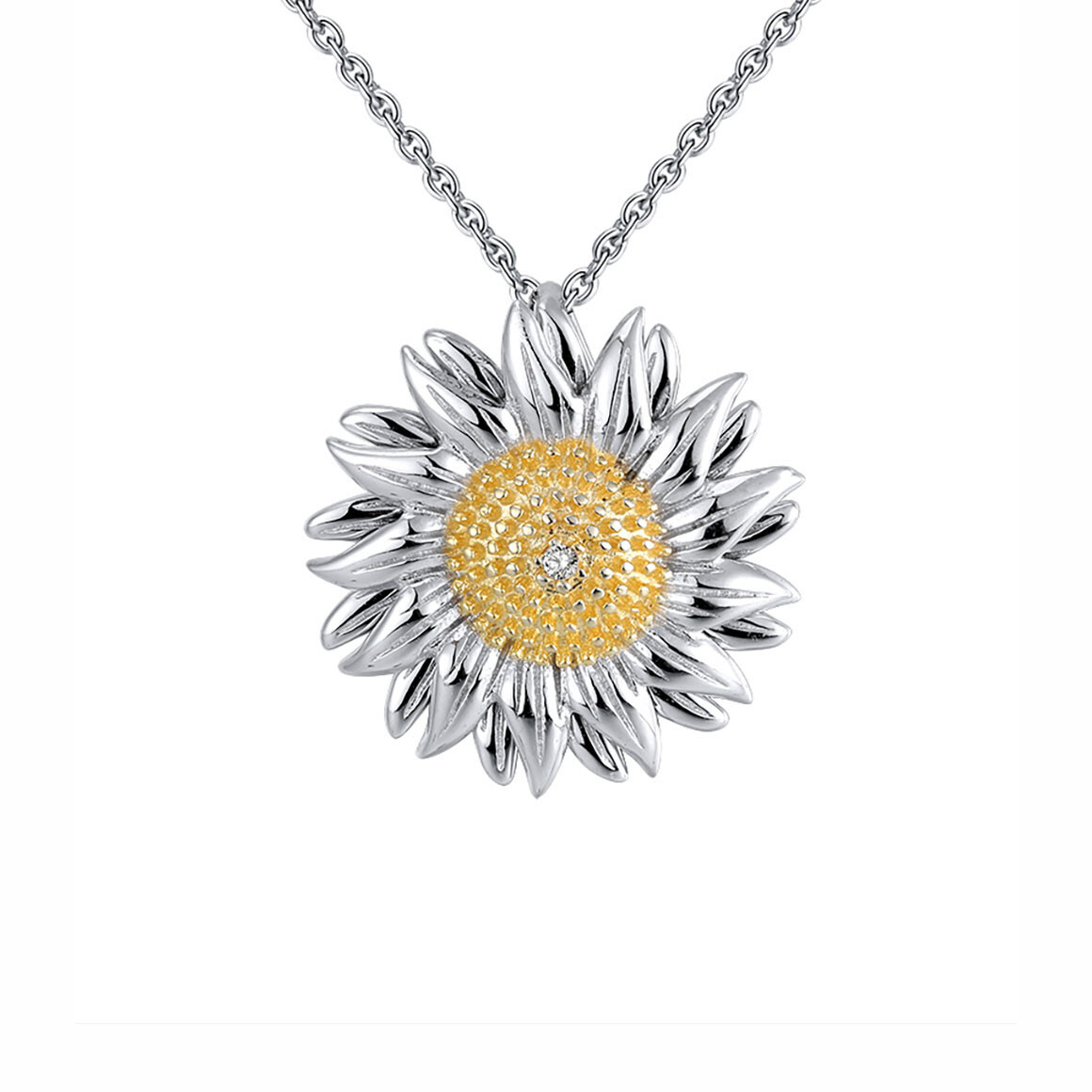 Daisy Pendant Necklace for Women Twp Tone Sterling Silver Clear Cz Ginger Ly…
