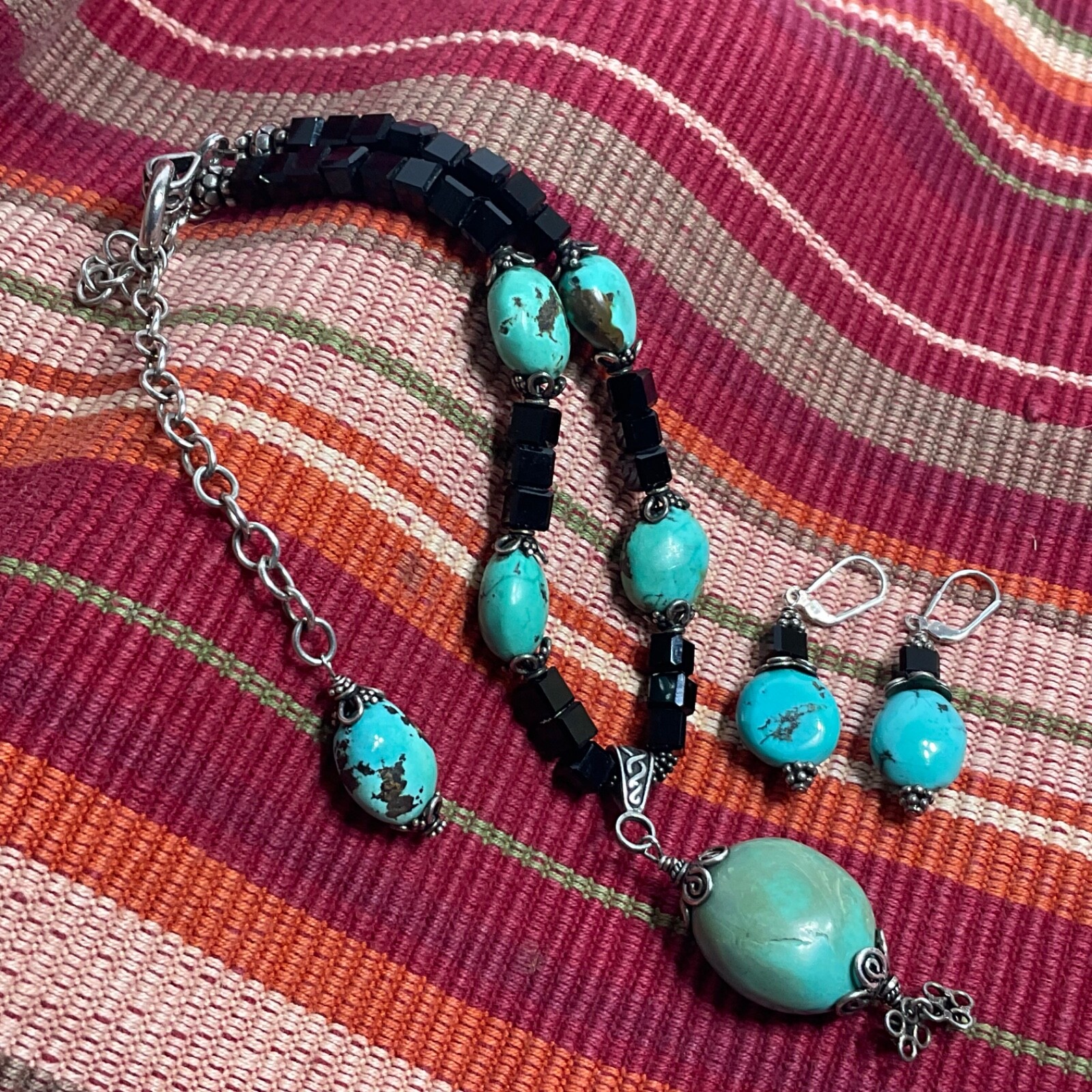 Vtg Genuine Turquoise Black Glass Beaded & Drop Pendant Necklace Earring Set 925