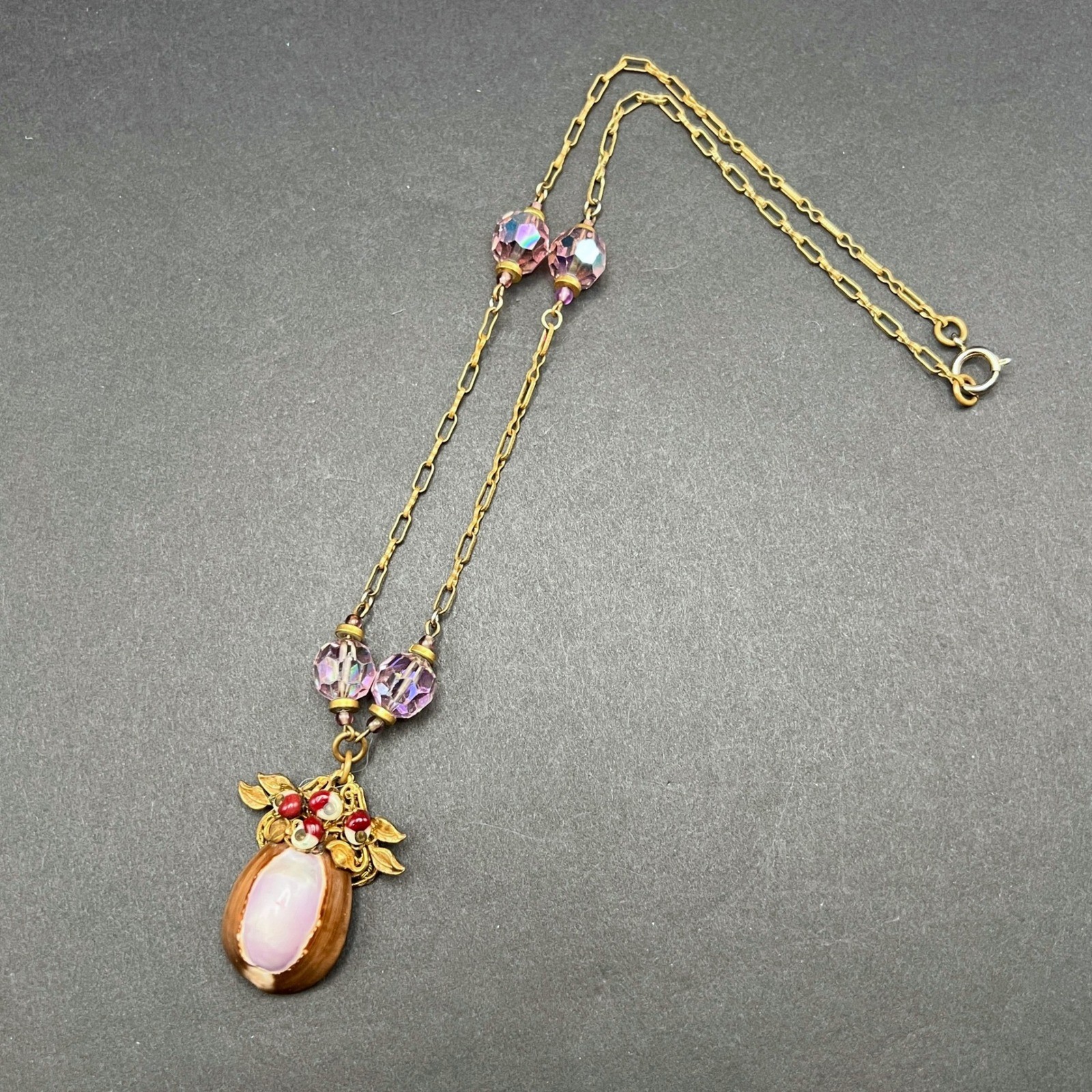 Vintage Cowrie Shell Necklace Purple AB Crystal Gold Tone Fairy Coastal Ethereal