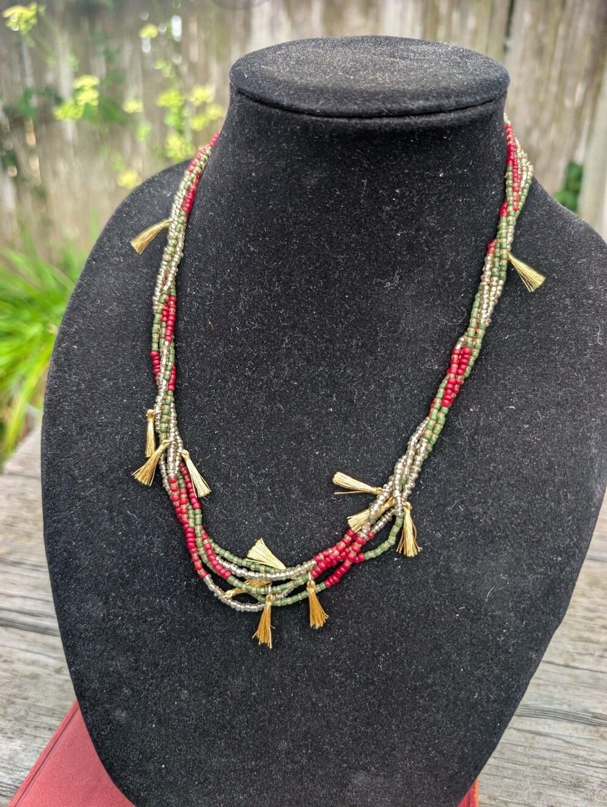 Multi-Strand Red Green Gold Beaded Tassel Necklace