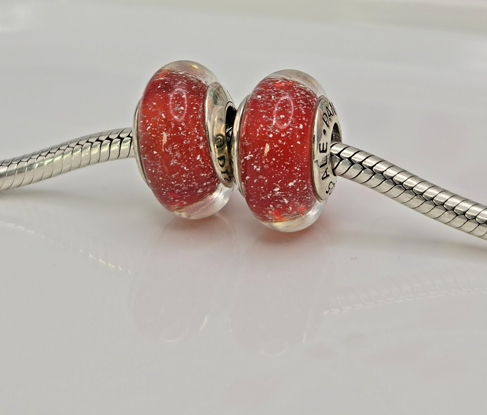 Authentic Pandora Pair of Disney Red Snow White Charms Murano Glass