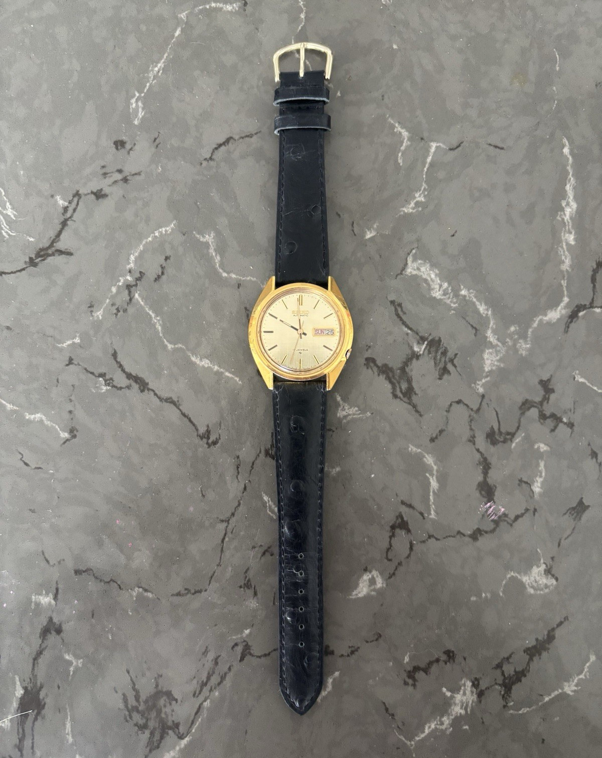 1979 Seiko Automatic 17J Day/Date Gold-Tone Black Ostrich Leather Strap