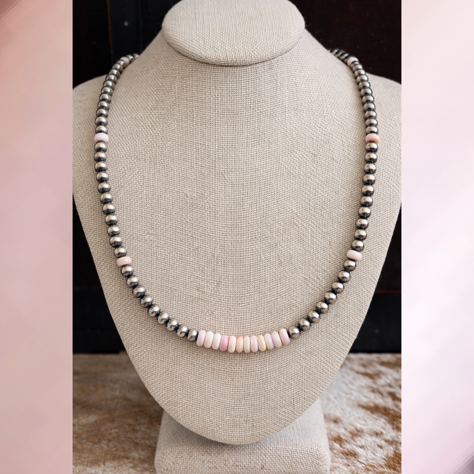 5 mm Sterling Pearls Pink Conch 18–20 Inch Sterling Silver Southwestern Necklace