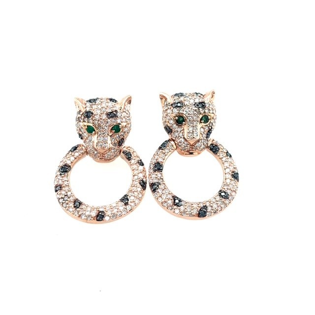 EFFY 14k Rose Gold Panther Black White Diamond Earrings Emerald Eyes