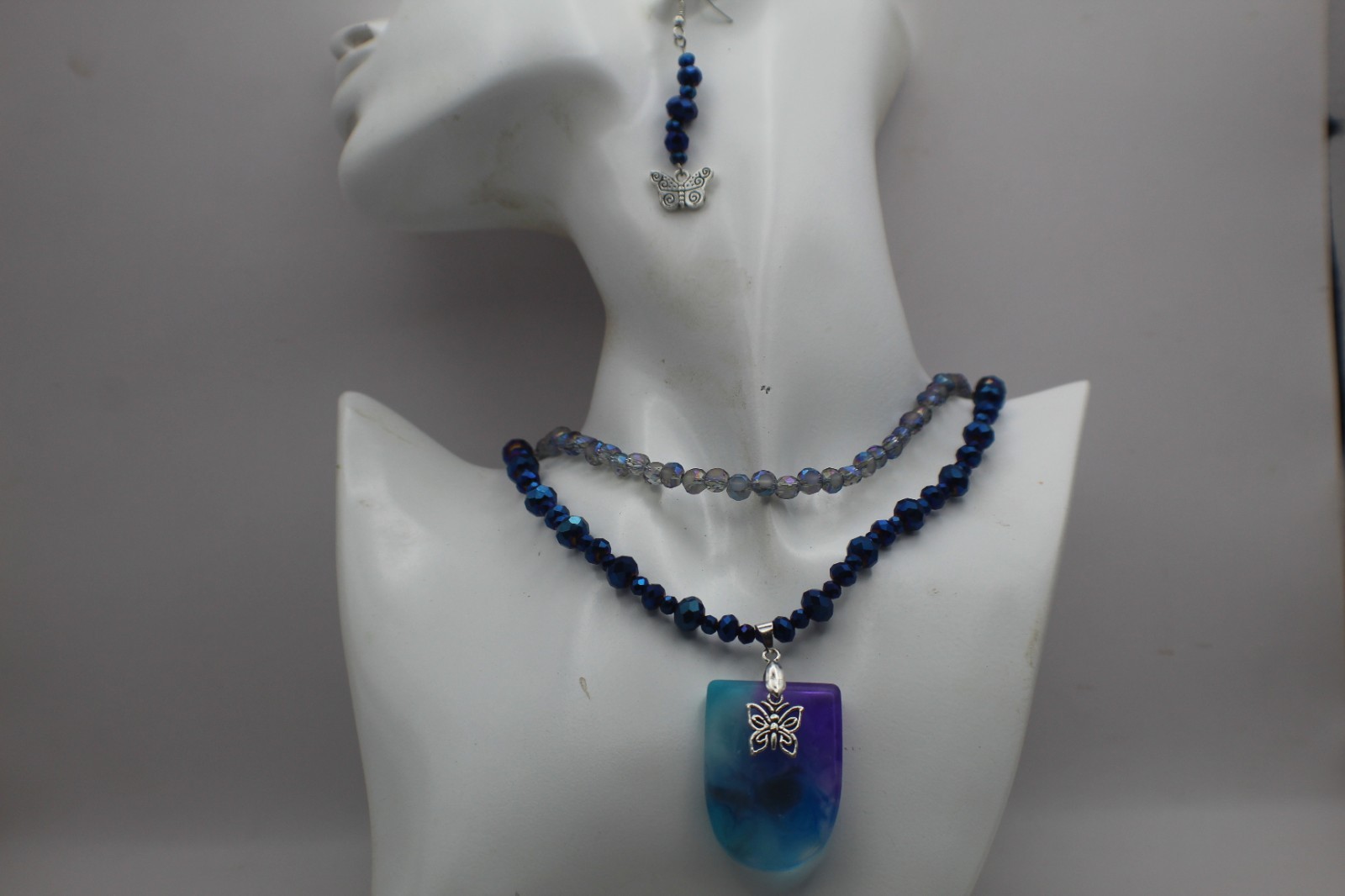 Beautiful Butterfly And Resin Pendant With Matching Beaded Earrings