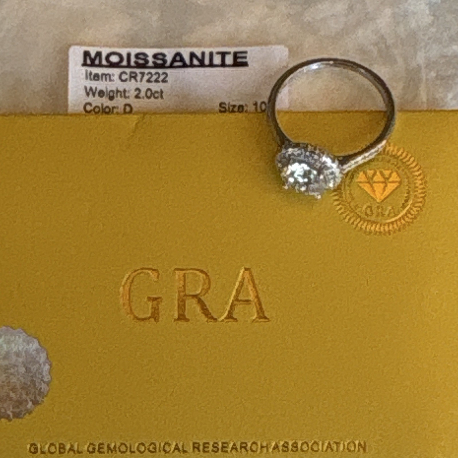 Sz 10 2.0ctw GRA Certified D Color Round Moissanite Halo CR7222