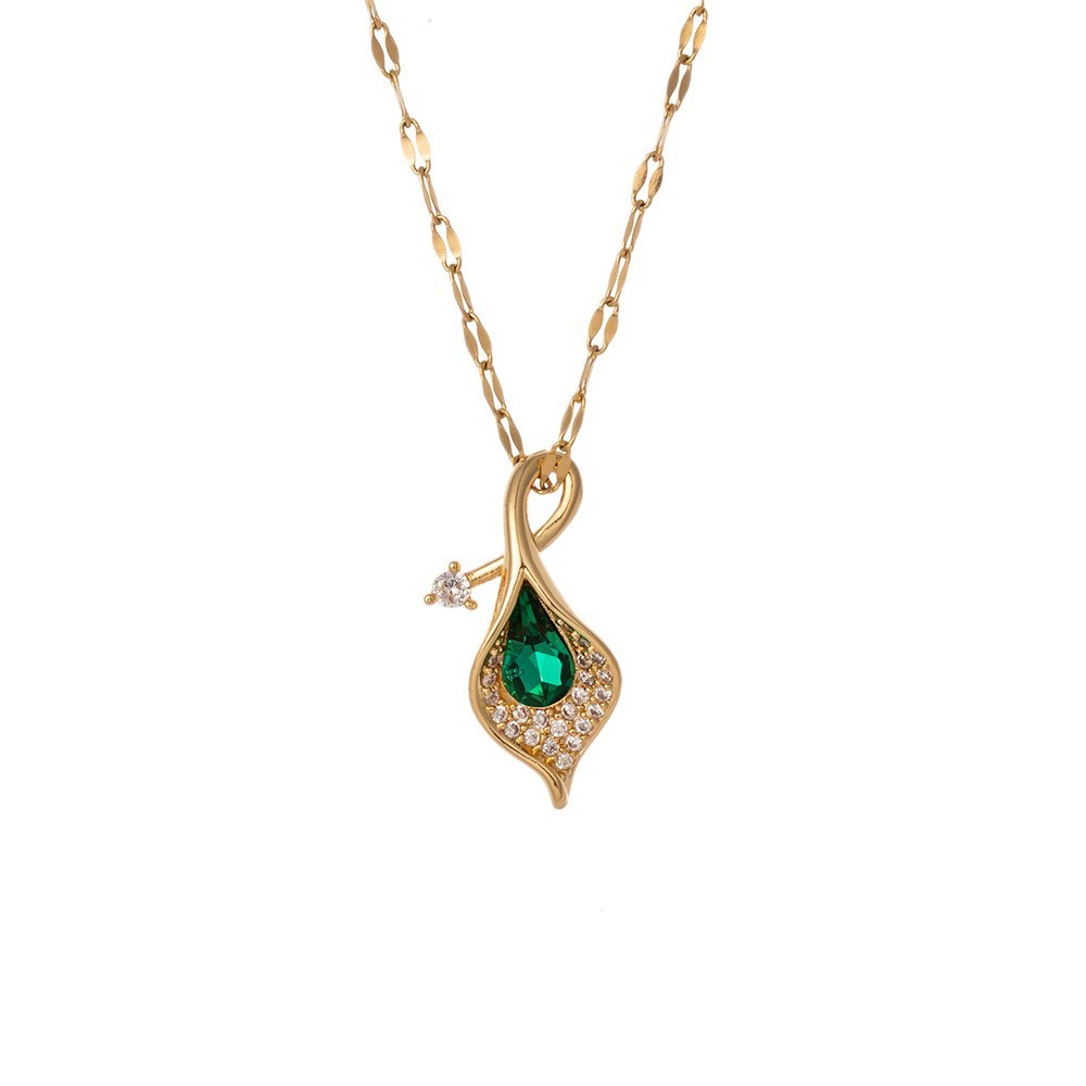 316L Stainless Steel Green Zircon Crystal Leaf Necklace Retro Gift for Women