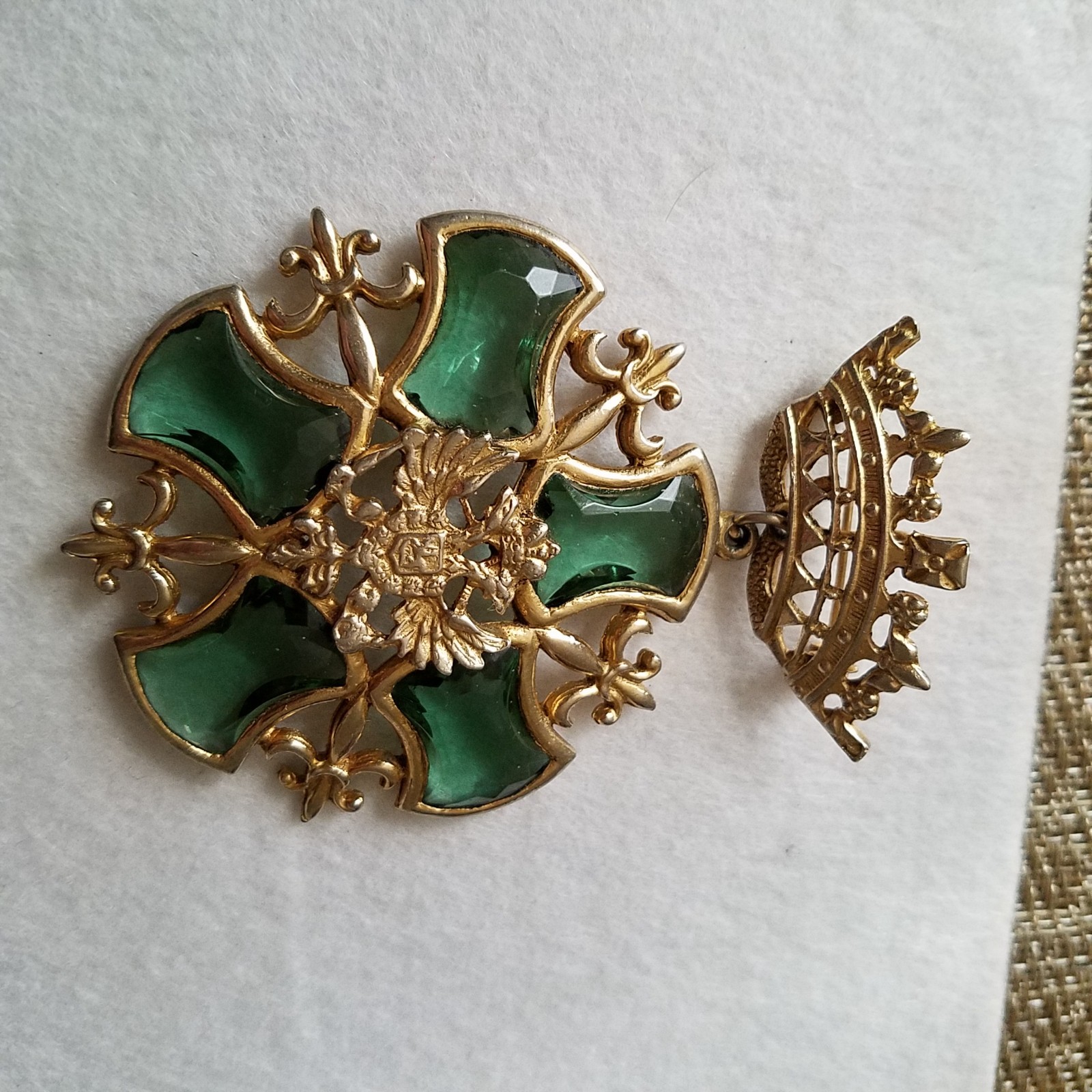 Vintage Crown Doubled-Headed Eagle Shield Green Rhinestone Fleur de Lis Brooch
