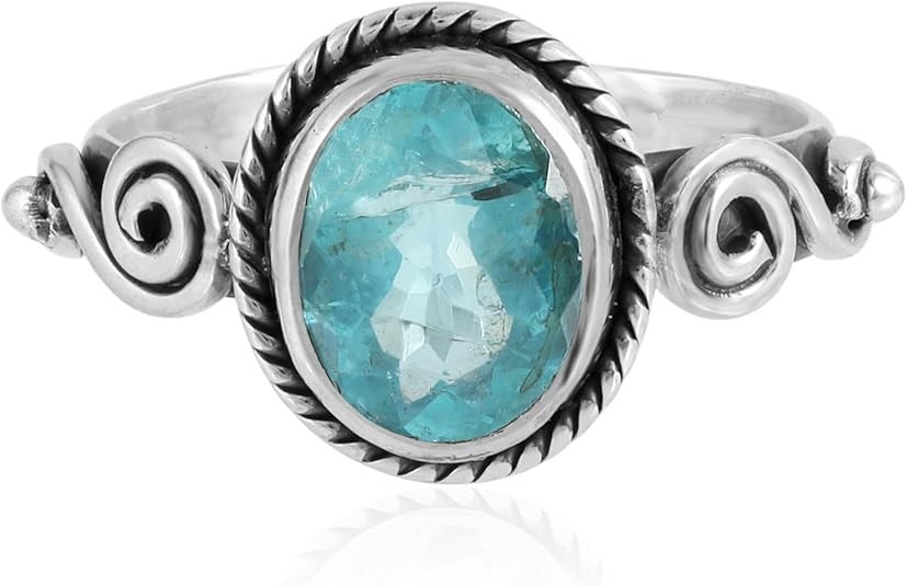 100% Natural Sky Apatite Oval Cut Ring in 925 Oxidized Sterling Silver