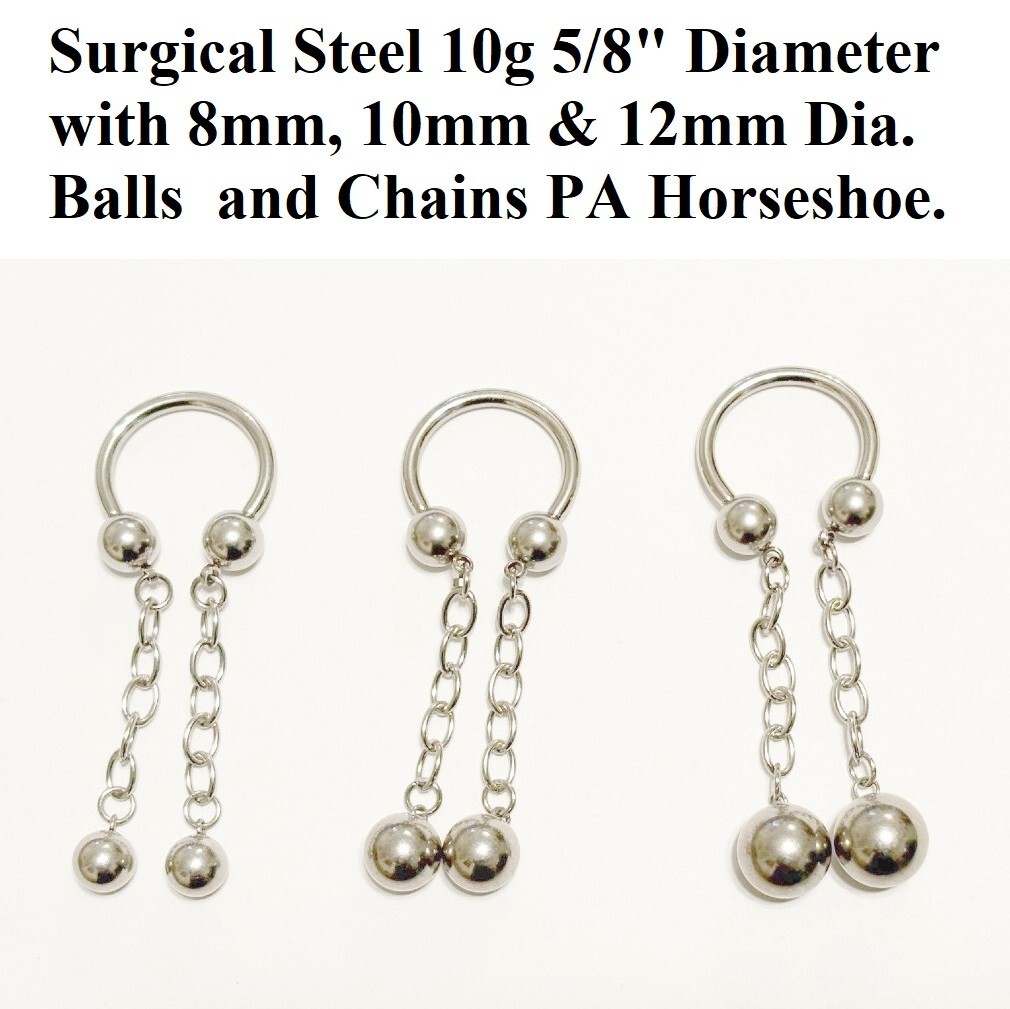 8, 10 & 12mm Balls n Chain PA Horseshoe Surgical Steel 10g 5/8″ Diameter.