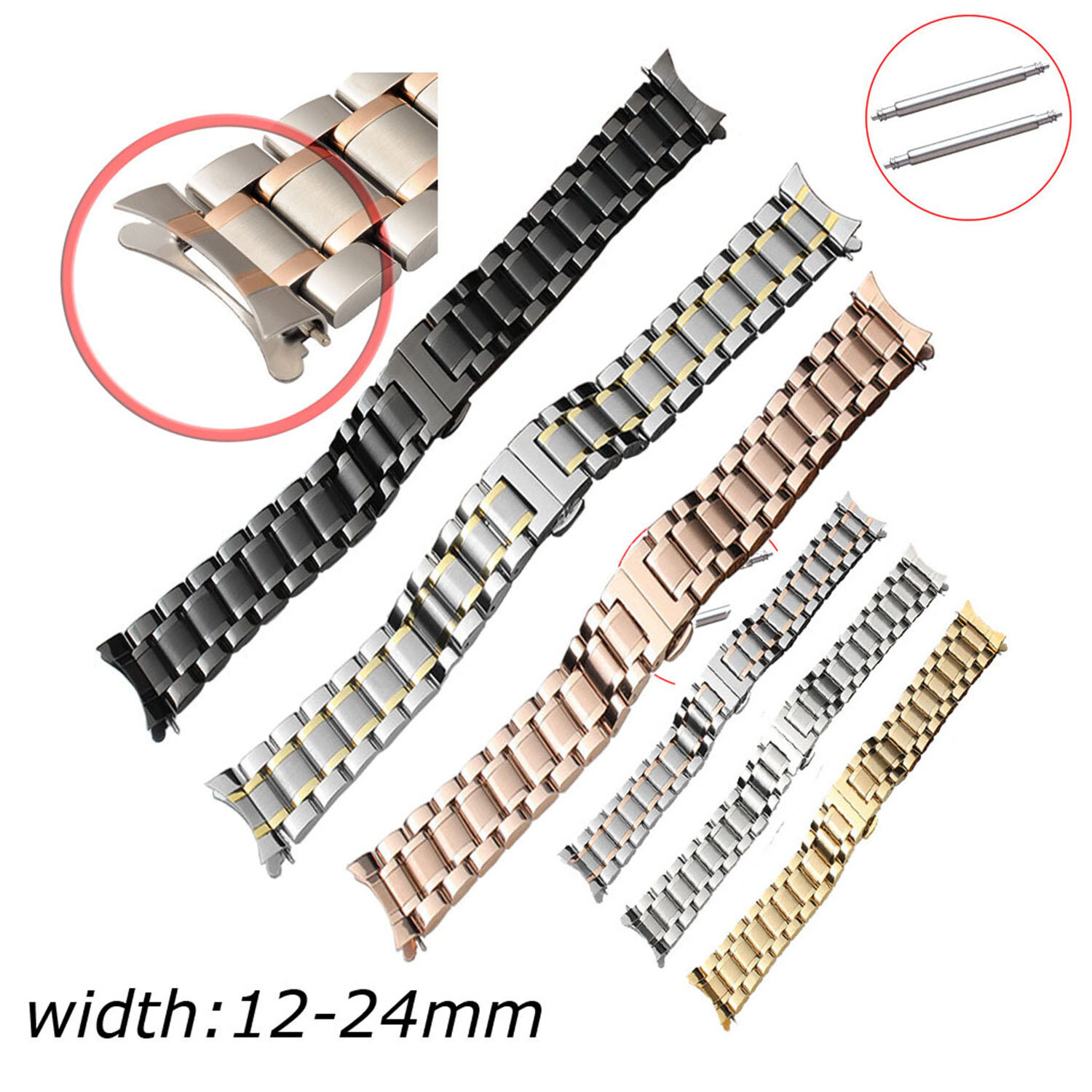 12mm 15 16 17 18 19 20 21 22 23 24mm Curved End Watch Band Stainless Steel Strap