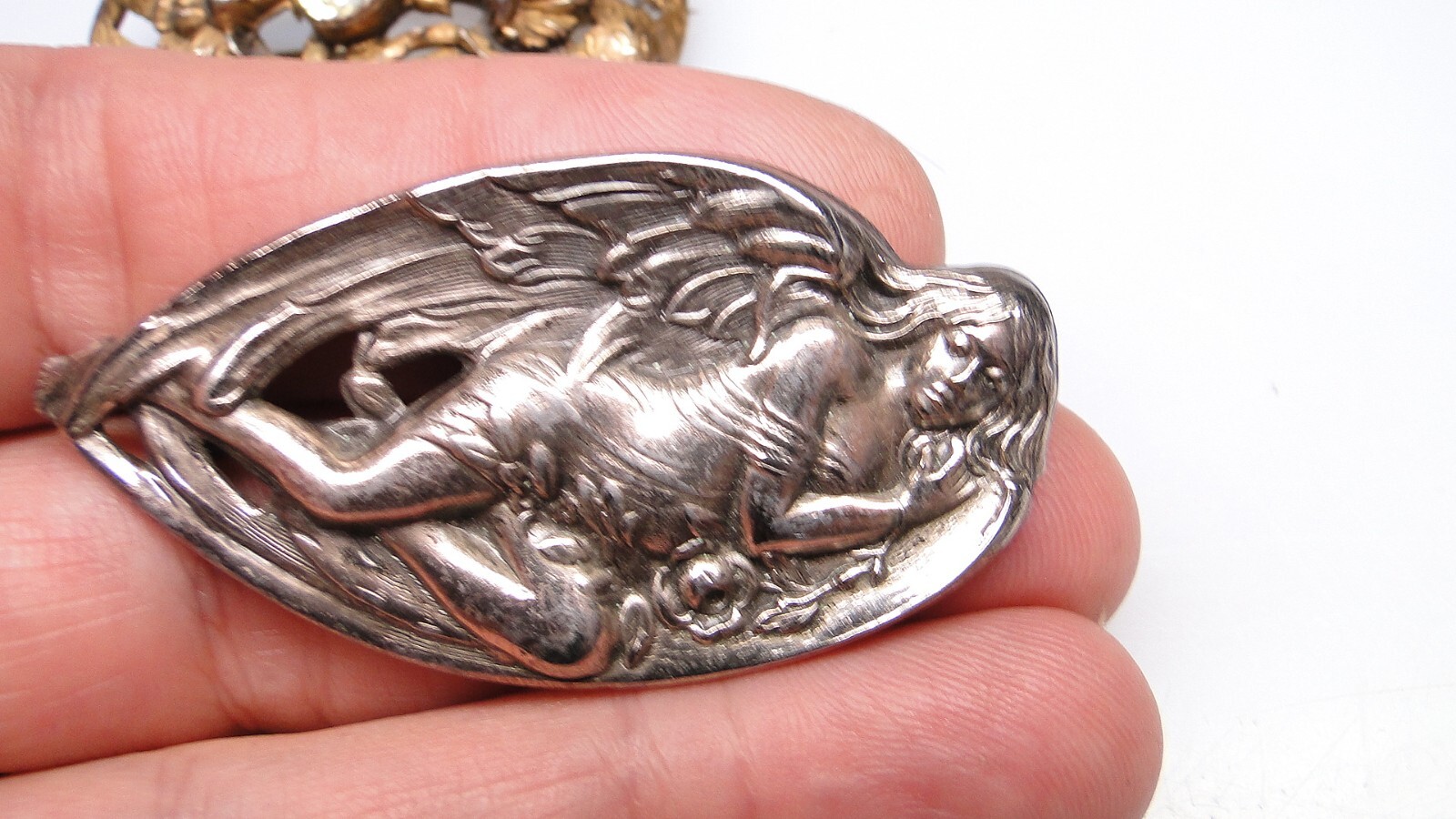 Art Nouveau Pins Jeweled Silver Metal Angel Woman’s Face Vintage 3pc Lot