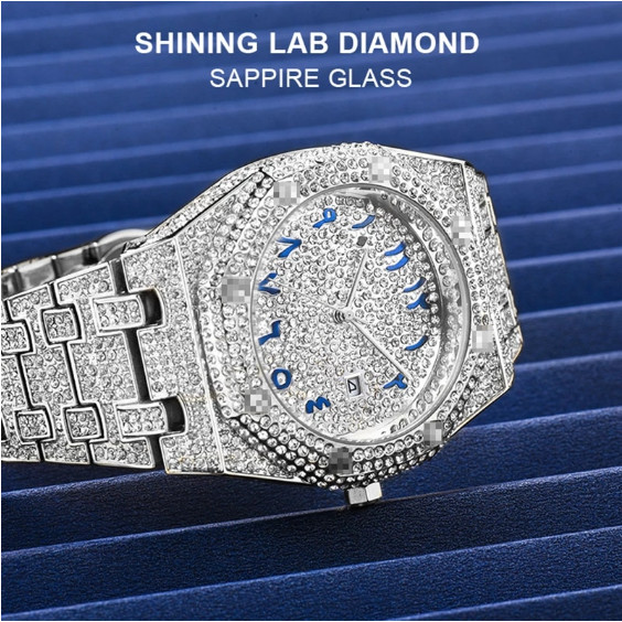 Arabic Hip Hop Luxury Ice out Men Watch Iced Bling Silver Cz Diamond Waterproof