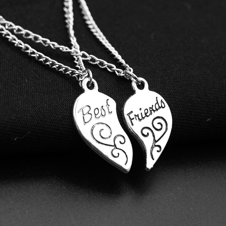 Best Friends Two Necklace Set – Silver – BFF Heart Necklace