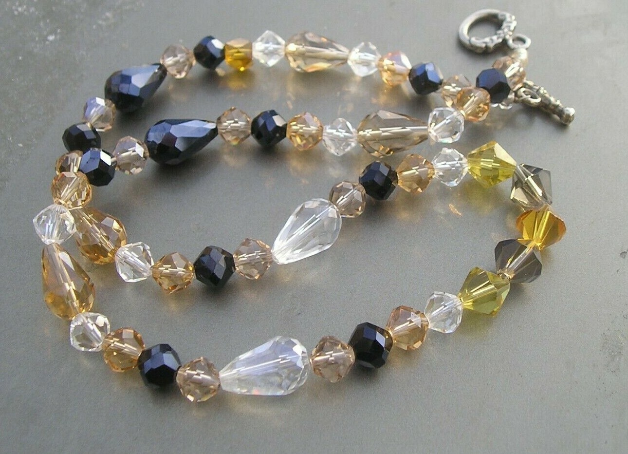 Lovely Multi Crystal Black Clear Gray Yellow Toggle Necklace