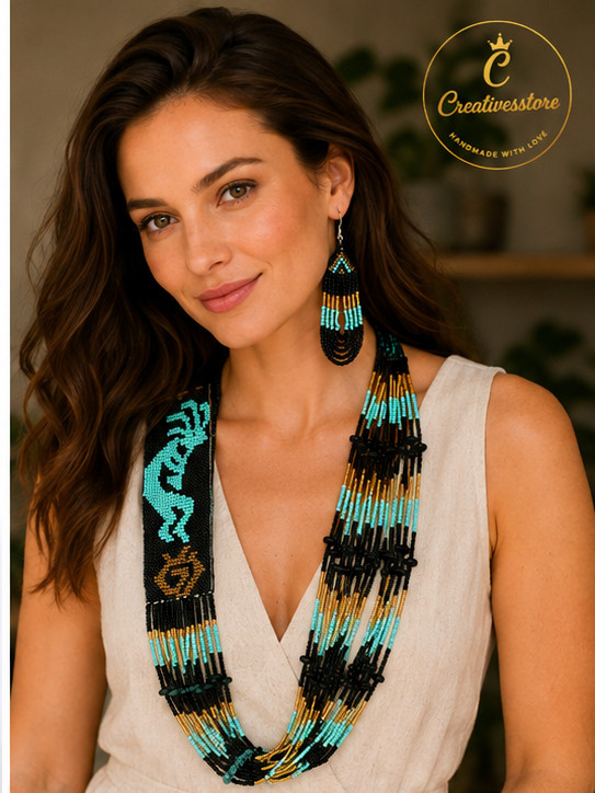 African Inspired Beaded Necklace Set, Handmade Seed Bead Jewelry, Boho Festival.