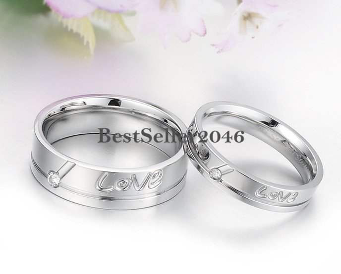 Silver Stainless Steel ” Love ” Engraved Promise Ring Engagement Wedding Band