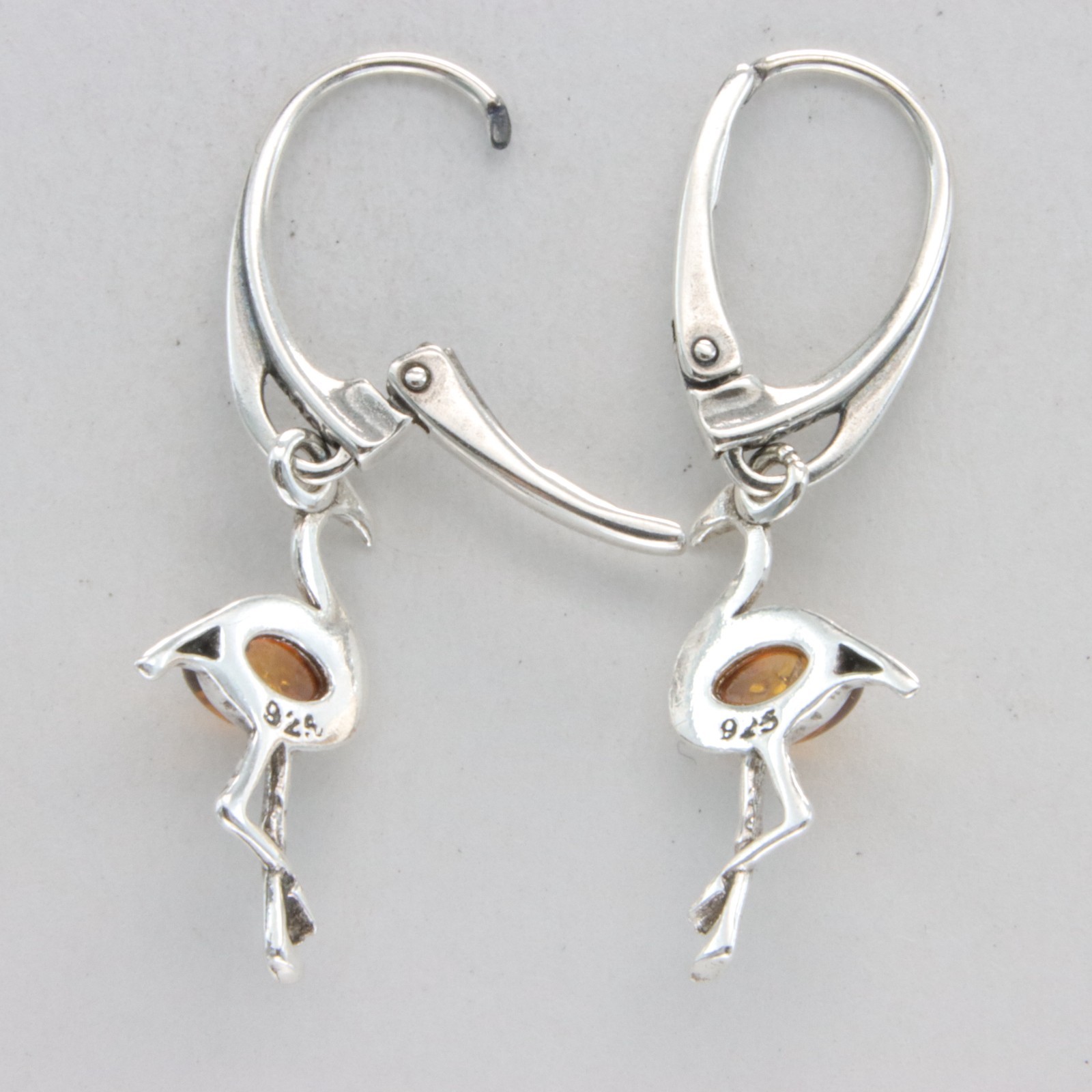 Cognac Brown BALTIC AMBER Flamingo Leveback Earrings 925 STERLING SILVER #5786e
