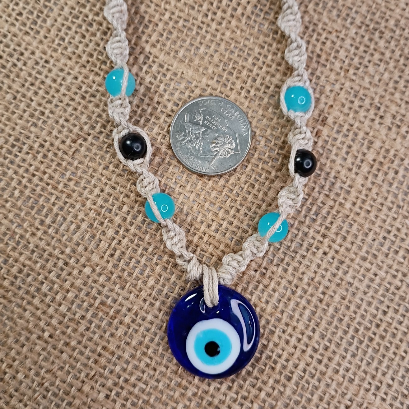 Natural Hemp Necklace w/ Evil Eye Charm & Beads, 18-23 inch Ready to Ship