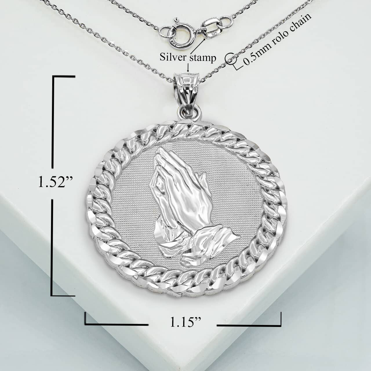 925 Sterling Silver Cuban Framed Praying Hands Medallion Circle Pendant Necklace