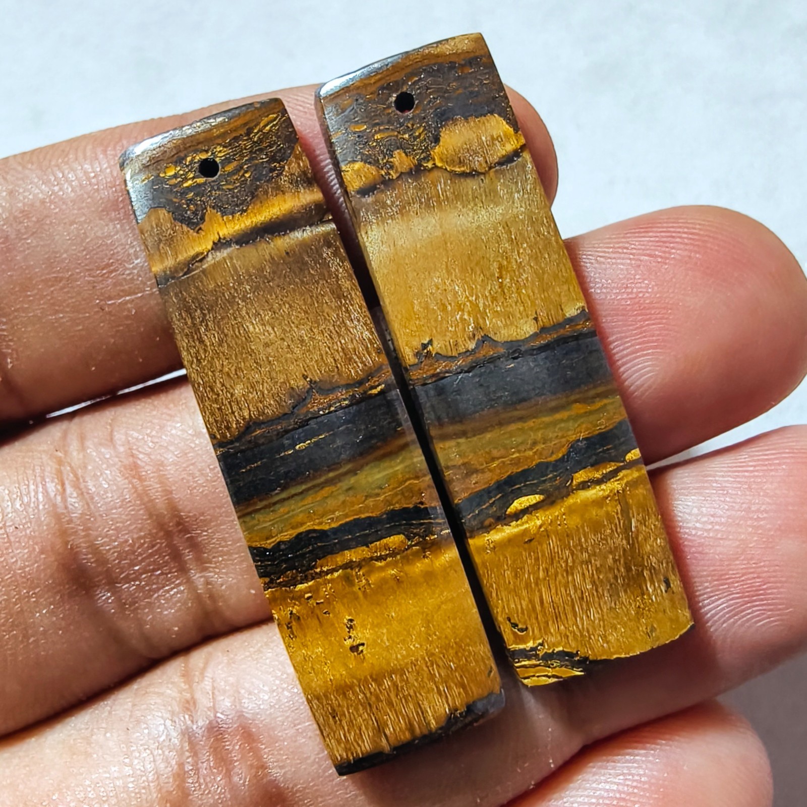 55 Cts Natural Tiger’s Eye Drilled Match Pair Cabochon Gemstone 40.7 X 12.2 MM