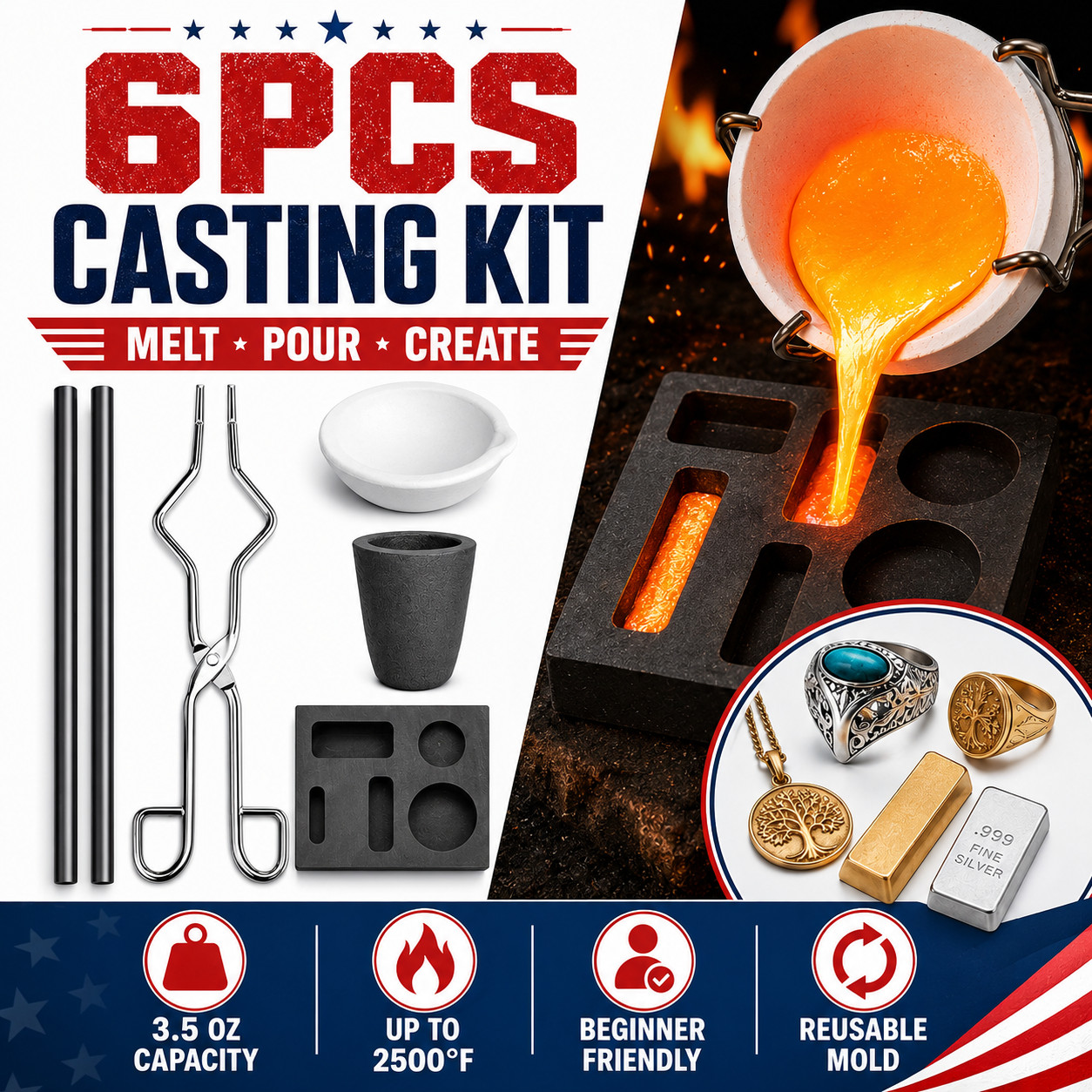 6Pcs Torch Melting Casting Kit Gold & Silver Crucible Tong Rod Graphite Mold Set