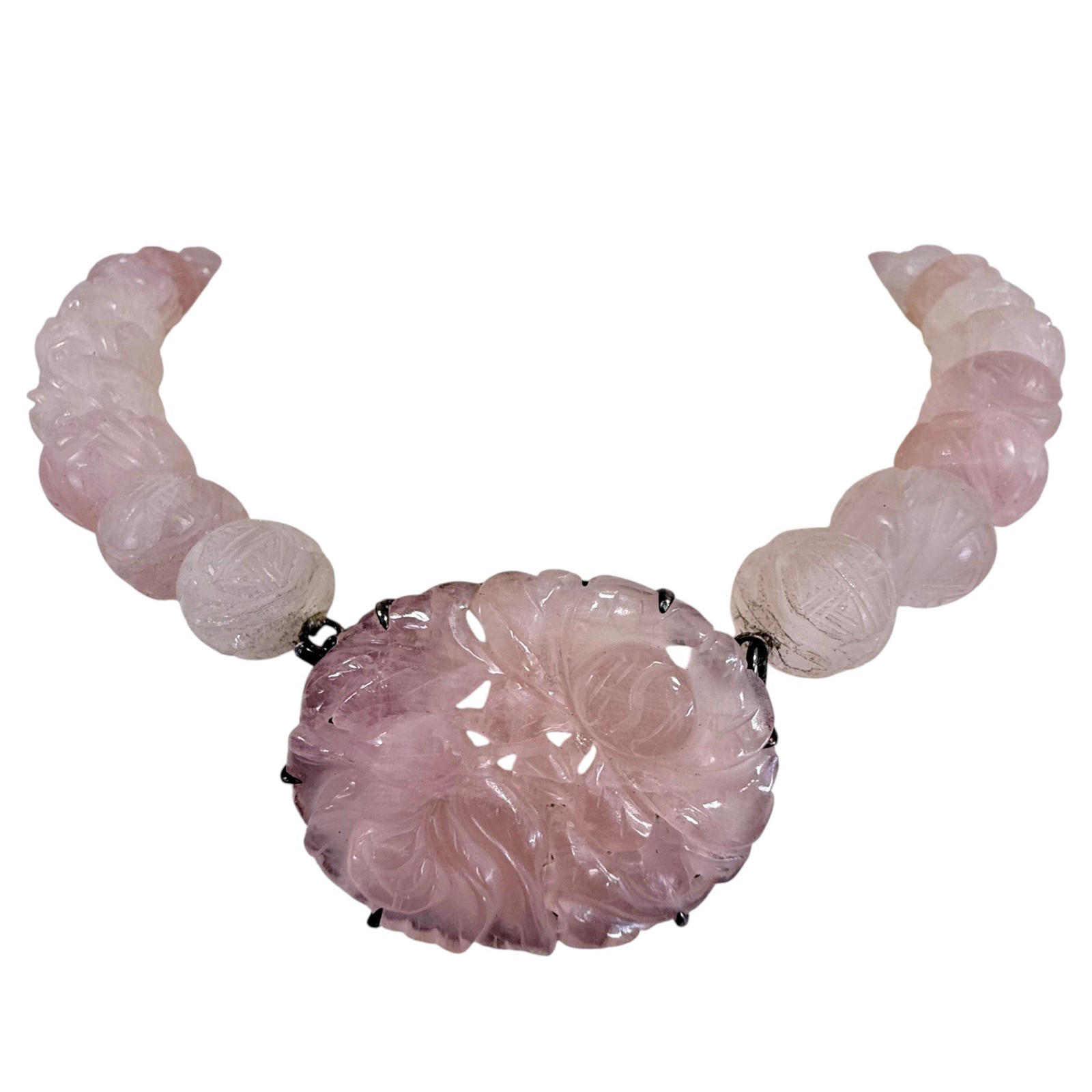 Vintage Carved Rose Quartz & Sterling Silver Statement Necklace