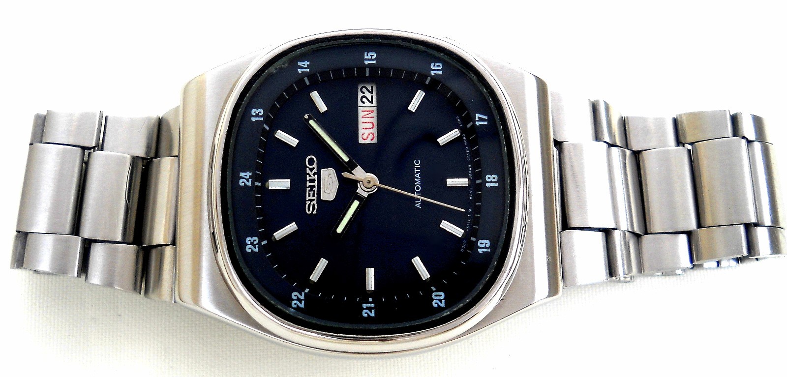 Vintage Seiko 5 Railway Time Automatic Watch TV Dial Cushion Case Caliber 6309