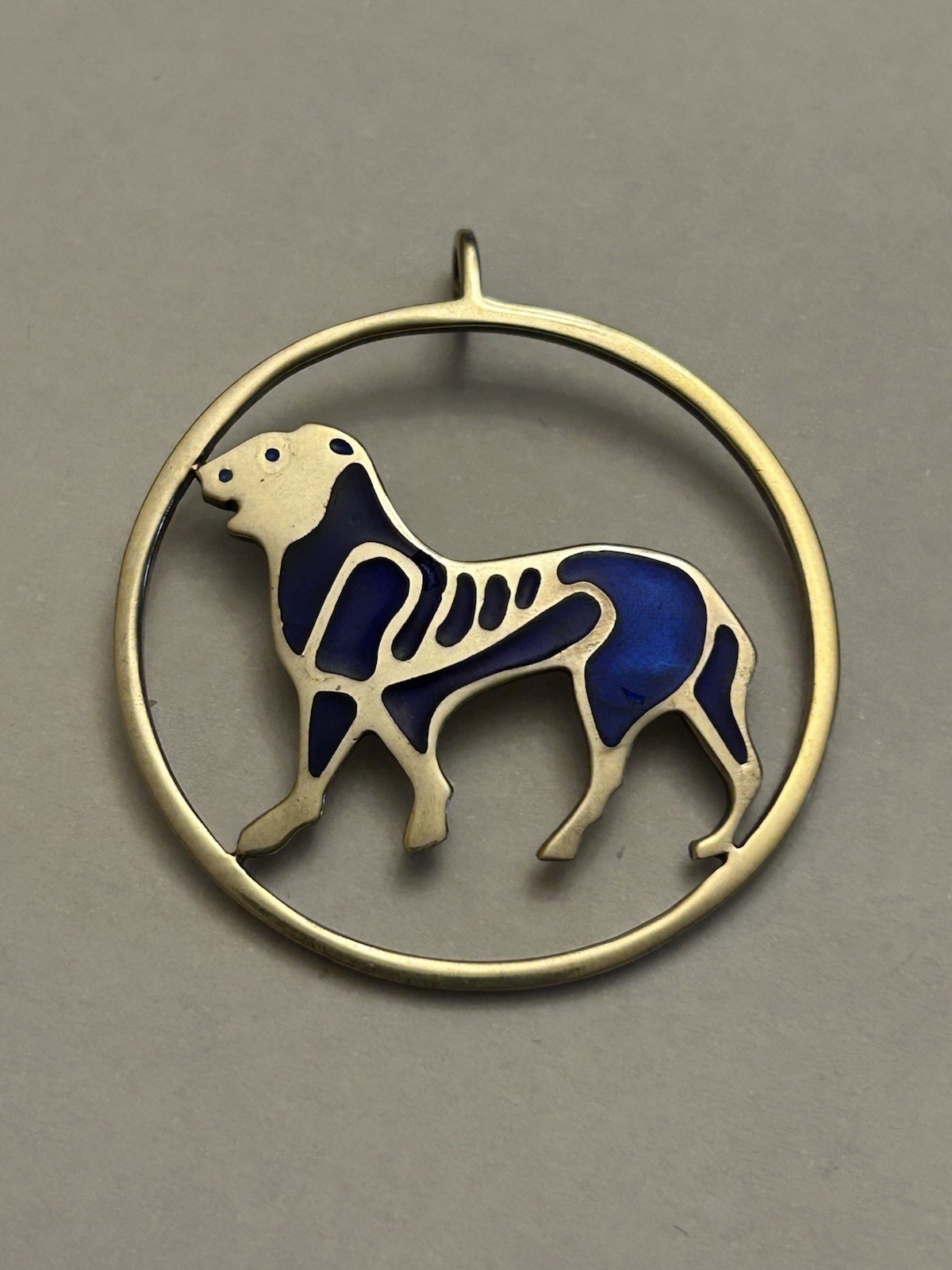 Vtg JCF Sterling Silver 925 Blue Enamel Lion Tiger Pendant Medallion Circle