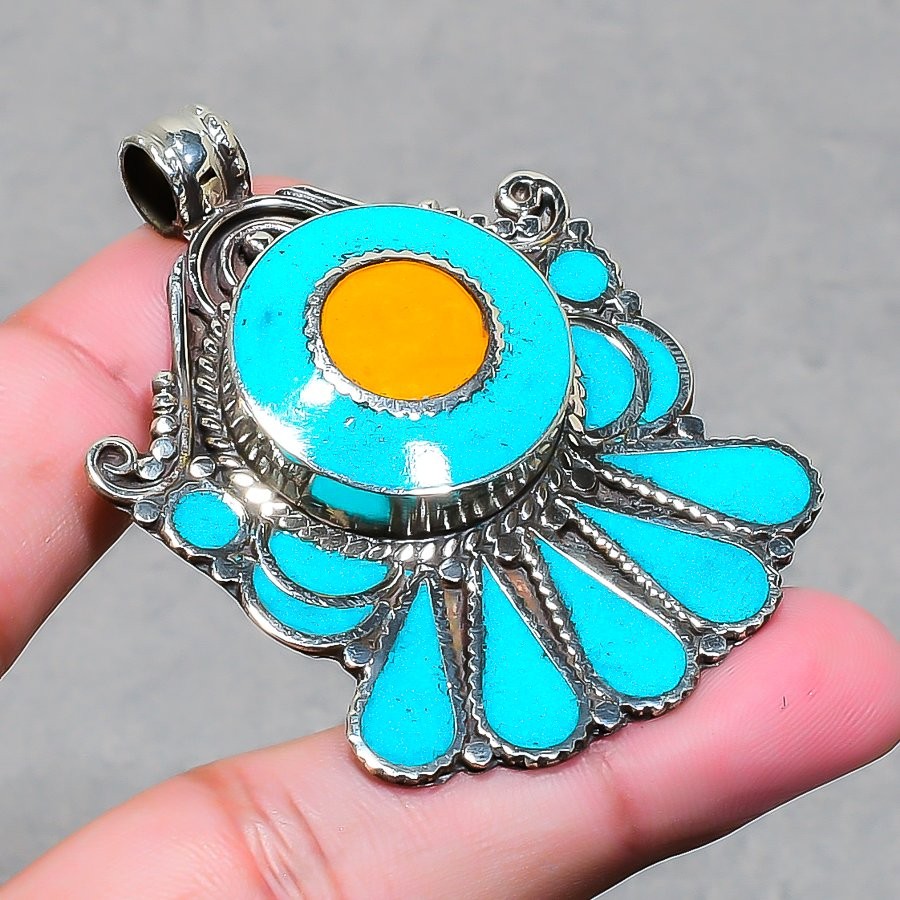 Yellow Coral Turquoise Pendant Handmade Vintage Nepali Jewelry 2.2″ NP 2489