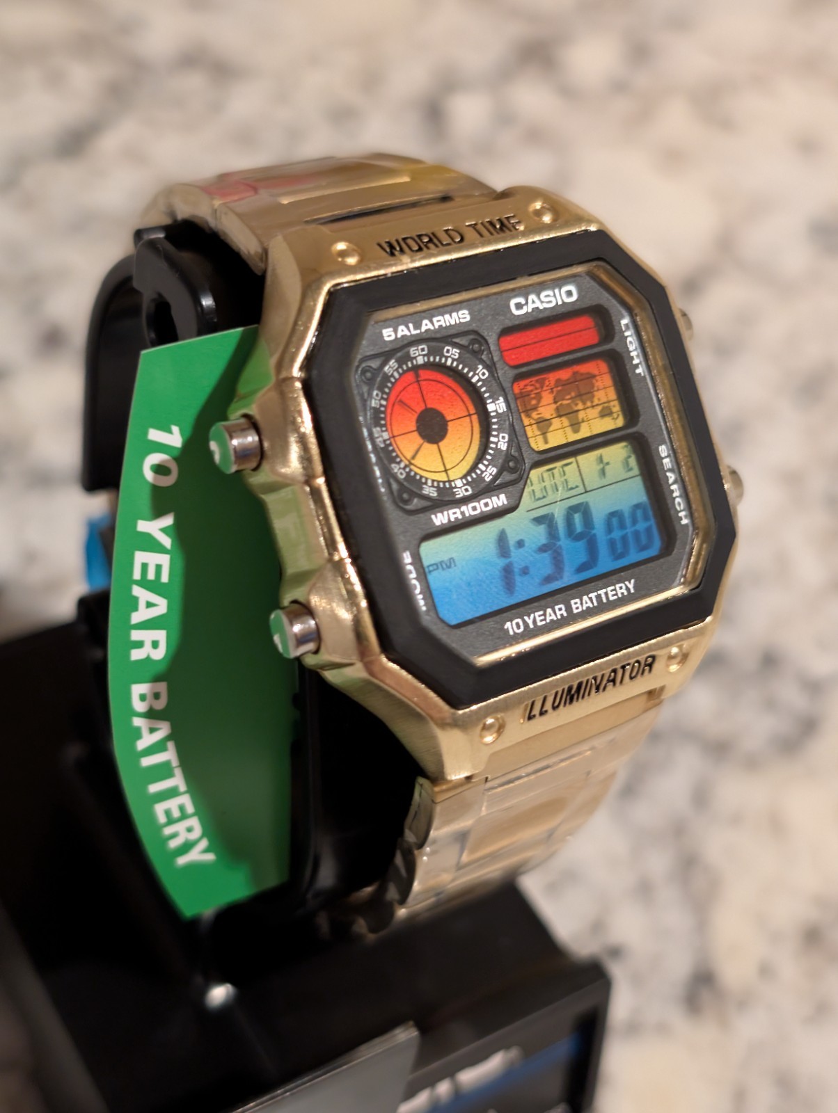 Gold CASIO AE-1200WHD 1-A. Rare Ocean Sunset Mod Royale World time watch