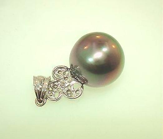 14k White Gold 12.2mm 13.04Cts Black Tahitian Pearl 0.06Cts Diamond Pendant #1