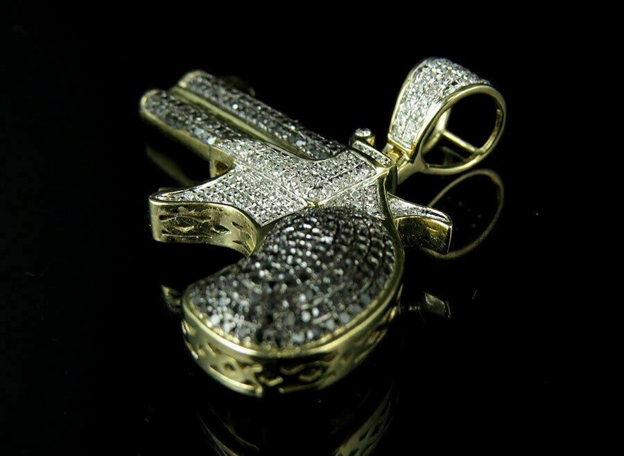 Men’s Gun Charm 2.19ct Cubic Zirconia Pendant 14k Yellow Gold Plated Silver