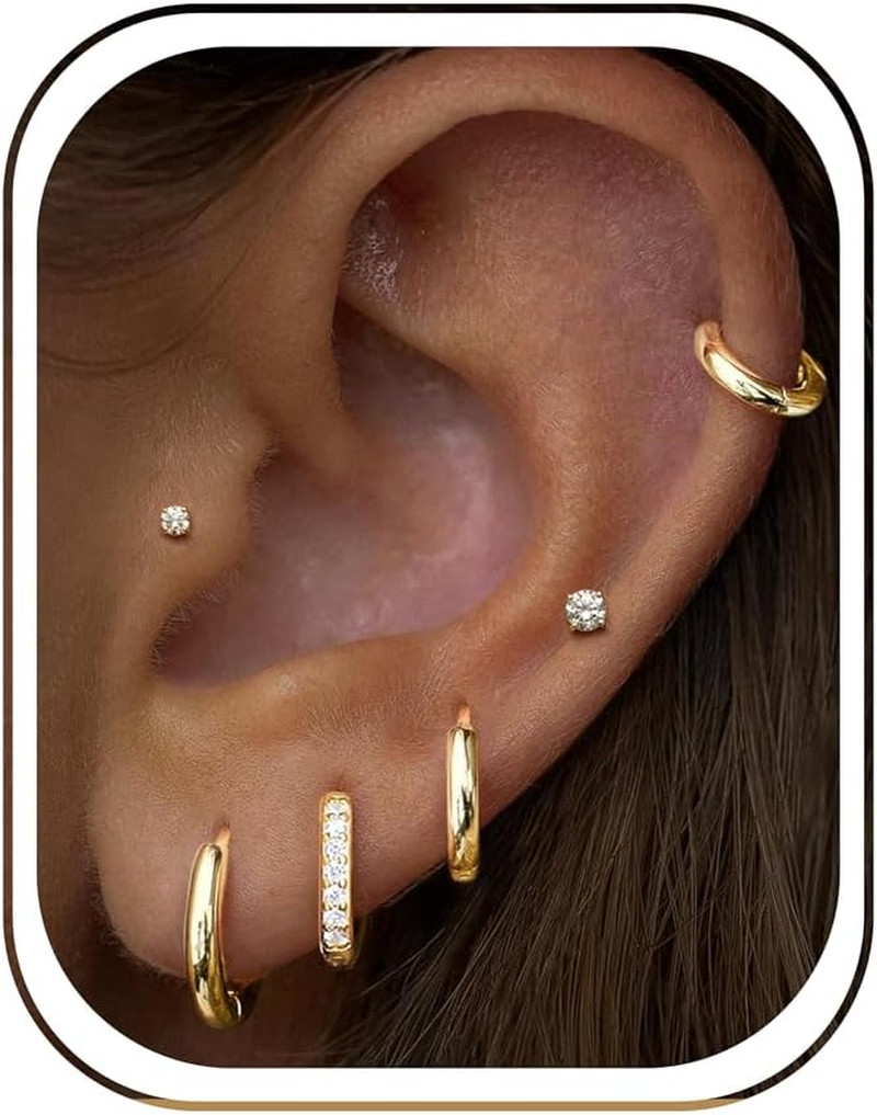 Small Gold Huggie Hoop Stud Earrings Set for Women Stack, Flat Back 316L Hypoall