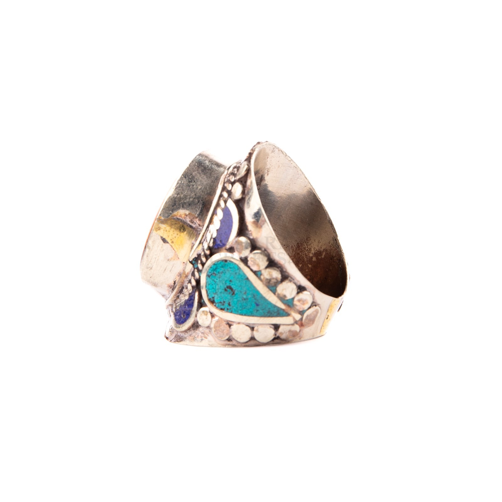 Tibetan Ring, Orange Coral Turquoise Stone, Traditional Tibetan Bead Jewelry,