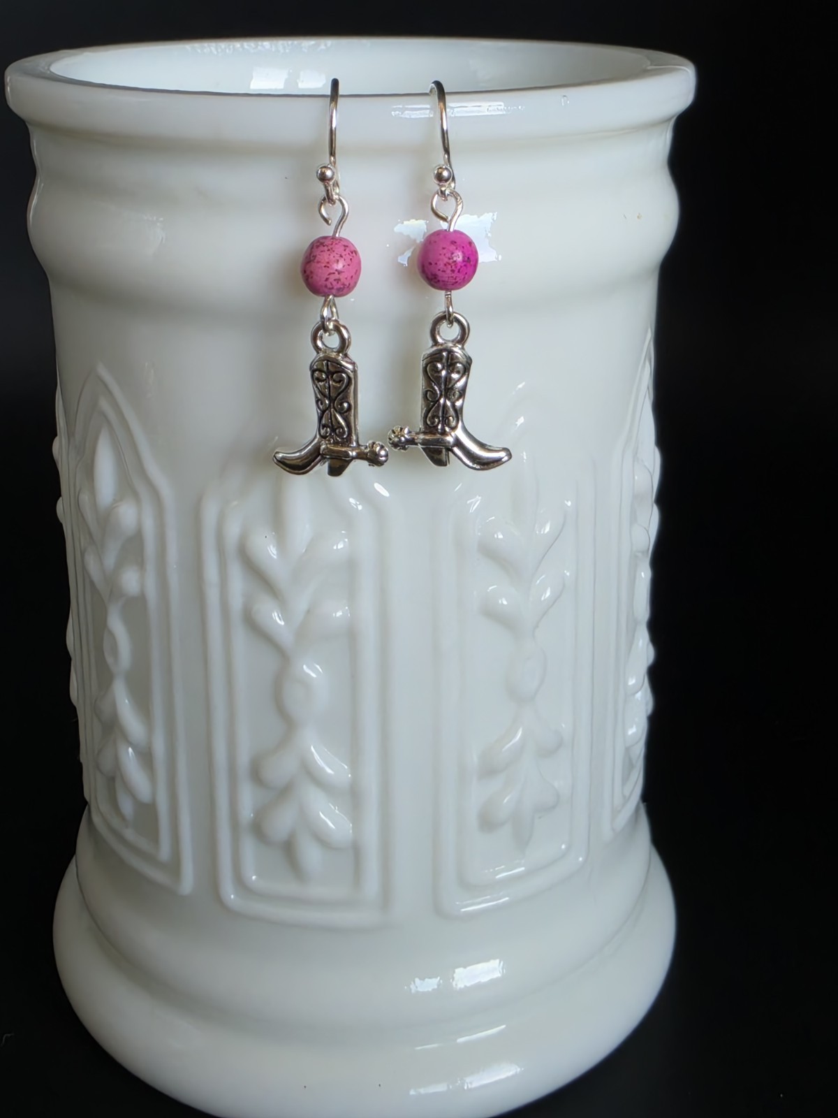 Dyed Pink Howlite Stone Bead Cowboy Boot Dangle Earrings Silver Tone Handmade