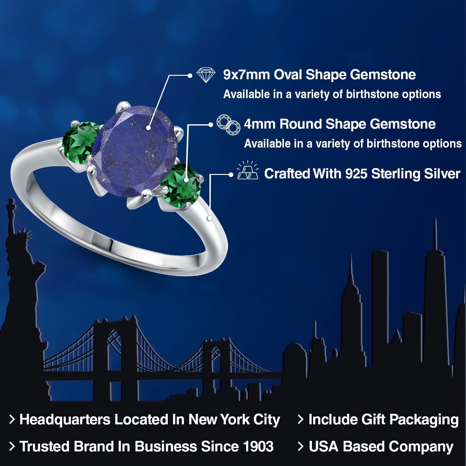 925 Sterling Silver Blue Lapis and Nano Emerald Engagement Ring For Women |
