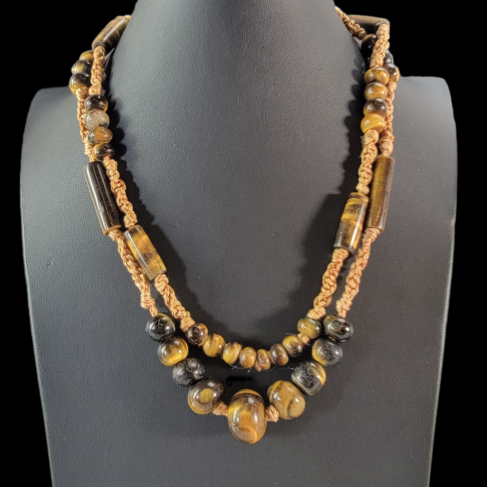1970s Bohemian Macrame Silk Cord Necklace Double Strand Tiger Eye Beaded 38″
