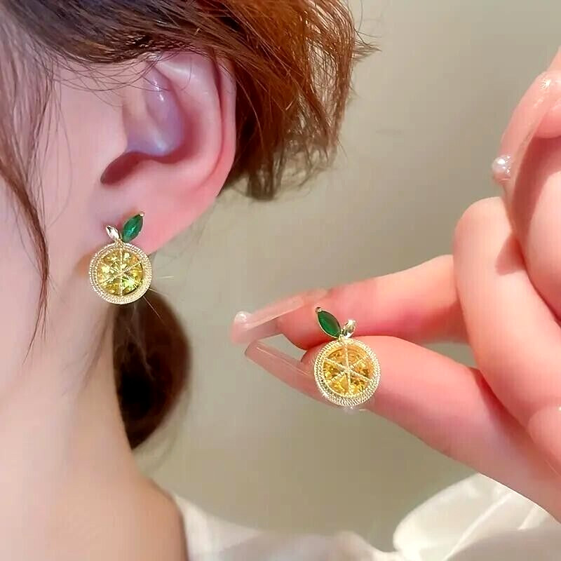 Stylish 18K Gold Plated Fruit Shiny Yellow Rhinestone Lemon Earrings Jewelry New