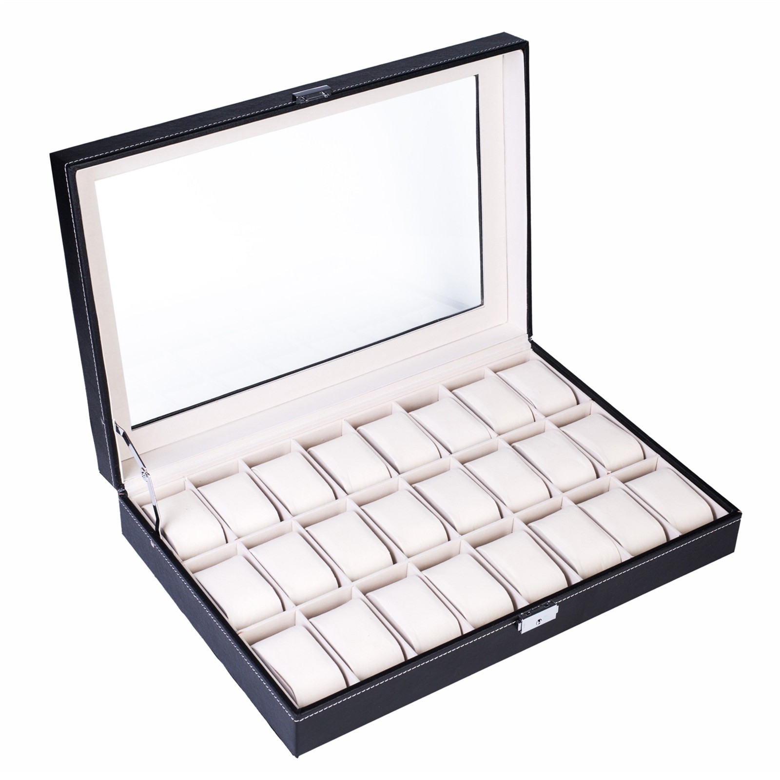24 Compartments Top-level Opening Style Leather Watch Collection Box Black NEW