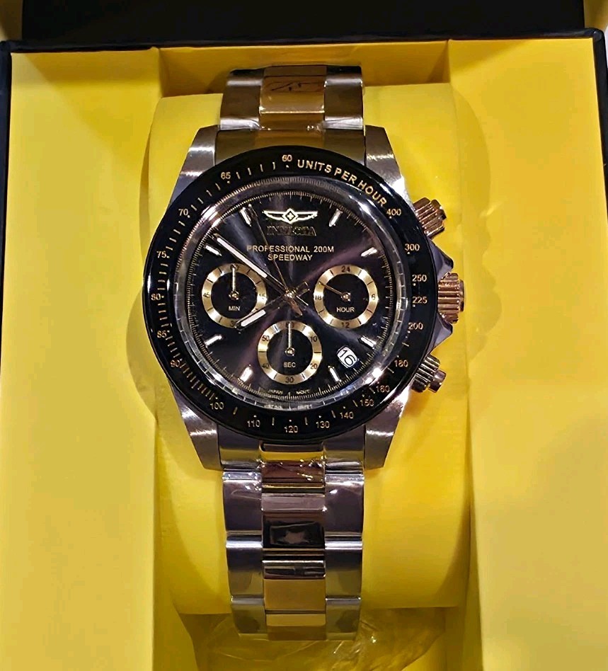 NEW Invicta Speedway Velisque Tachymeter Black Dial Gold Steel Band 39.5mm 36743