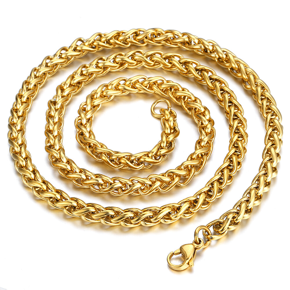 Men Women Braided Wheat Spiga Necklace Gold Plated Stainless Steel Chain 3-9.5mm